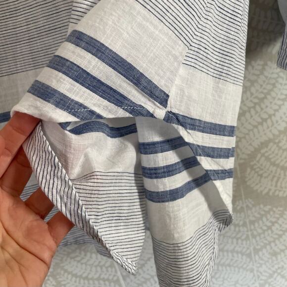 Blue, White Striped Cotton Button Down Lightweight Shirt Roll Tab Sleeves, 1X - Picture 6 of 13